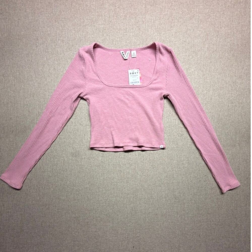 NWT Roxy Medium Dusty Pink Ribbed Square Neck Long Sleeve Crop Top